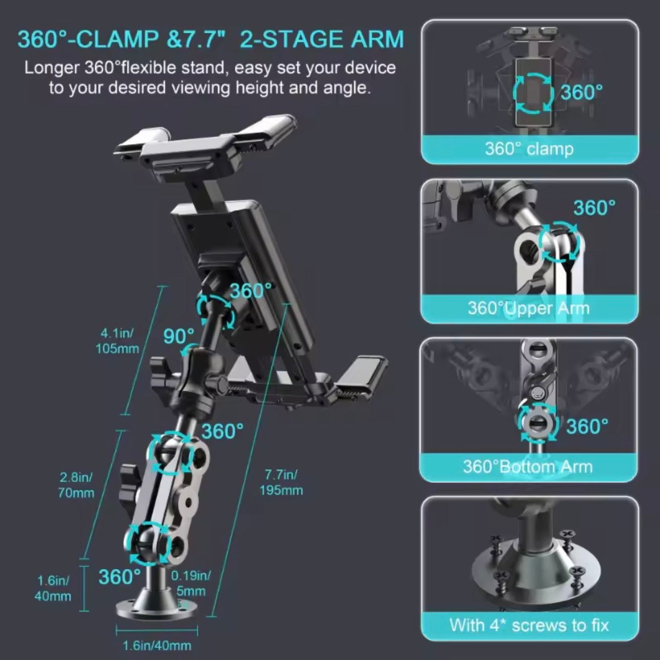 AutoGuard Heavy Duty Drill Base Tablet Holder With Upgraded Aluminium Alloy