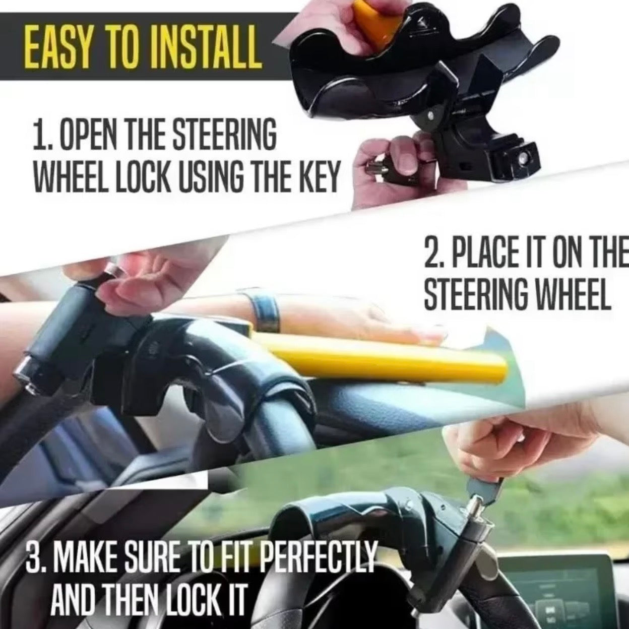 AutoGuard Anti-Theft Armored Bar™ Steering Wheel Lock With Tough-Steel Enhance Automobile