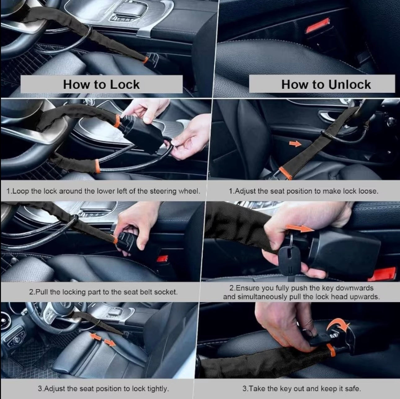AutoGuard Anti-Theft Heavy-Duty Flexible Cable Lock With Seat Belt Socket & Strong Braided Steel